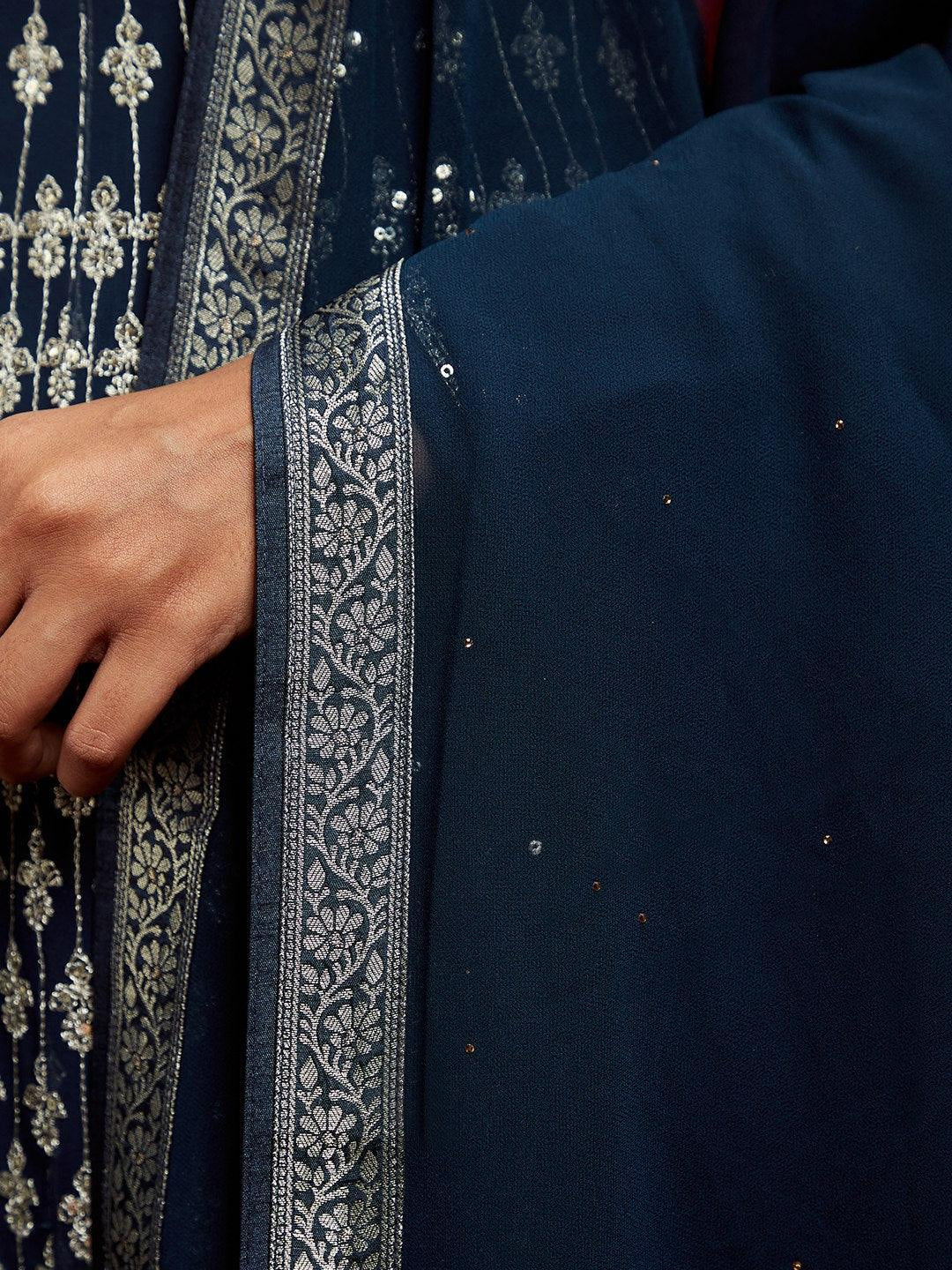 Libas Art Navy Blue Embroidered Georgette A-Line Kurta with Sharara & Dupatta