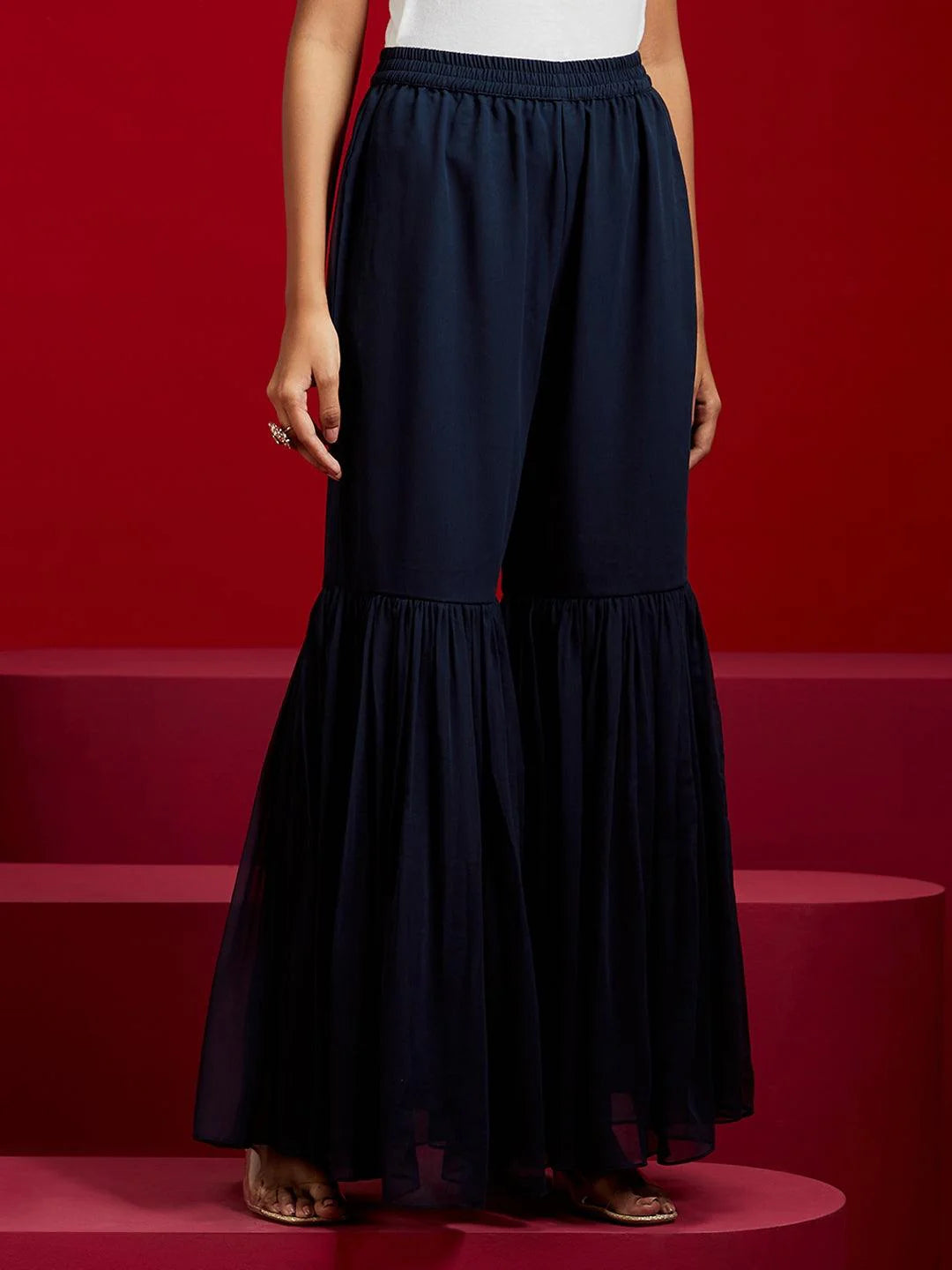 Libas Art Navy Blue Embroidered Georgette A-Line Kurta with Sharara & Dupatta