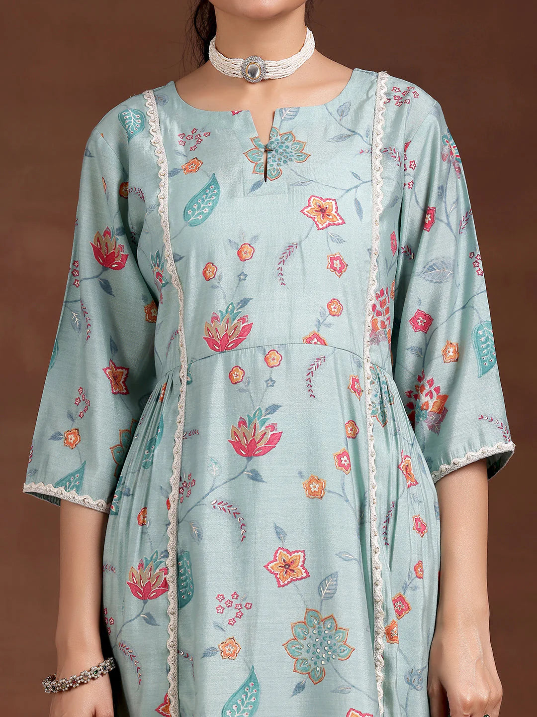 Blue Printed Silk Blend A-Line Kurta with Trousers