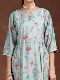 Blue Printed Silk Blend A-Line Kurta with Trousers