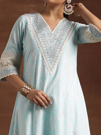 Blue Printed Cotton Straight Suit with Dupatta