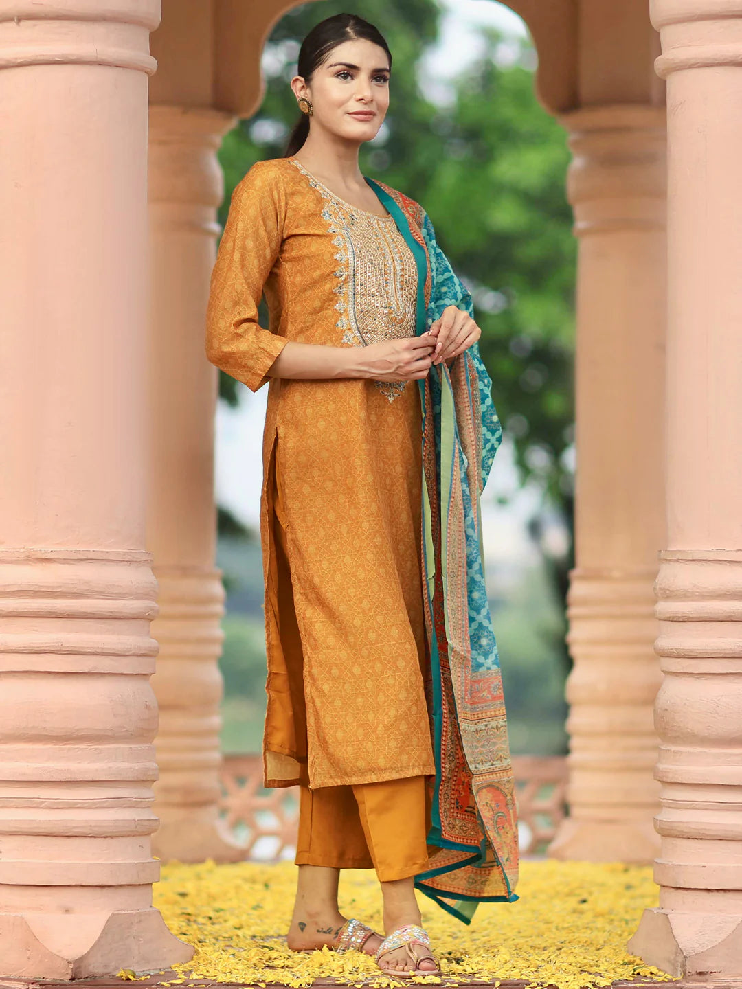 Mustard Printed Silk Blend Straight Suit with Dupatta