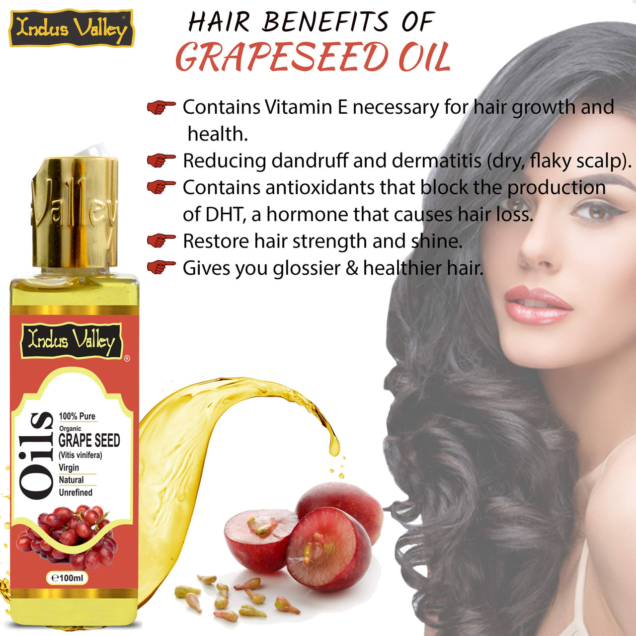 INDUS VALLEY 100% Pure Carrier Oil- Natural, Virgin, unrefined & Cold Pressed Grape Seed Oil - Vitis Vinifera (100ml)