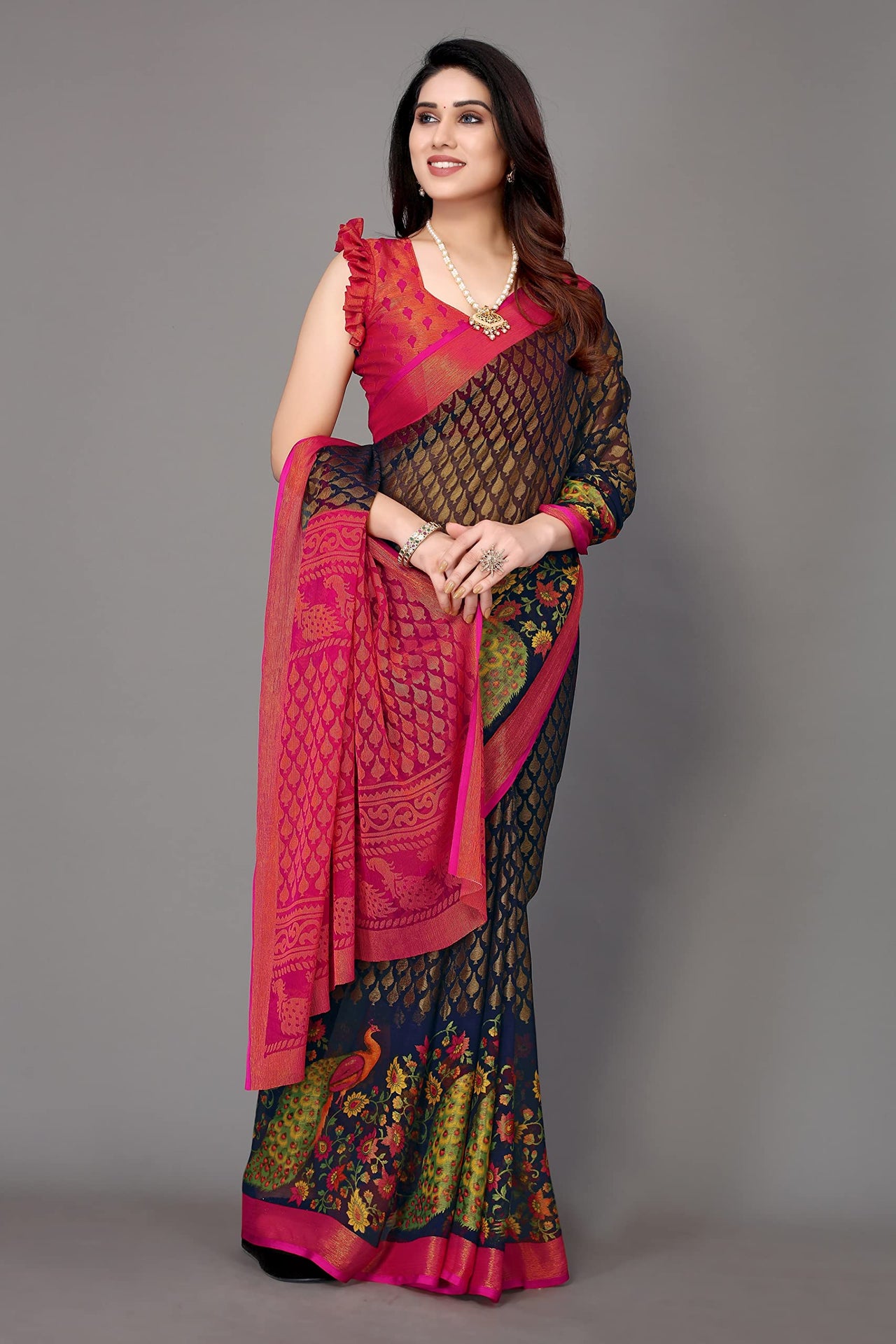 Winza Designer Women's  Chiffon Brasso Floral Printed Saree with Blouse Piece