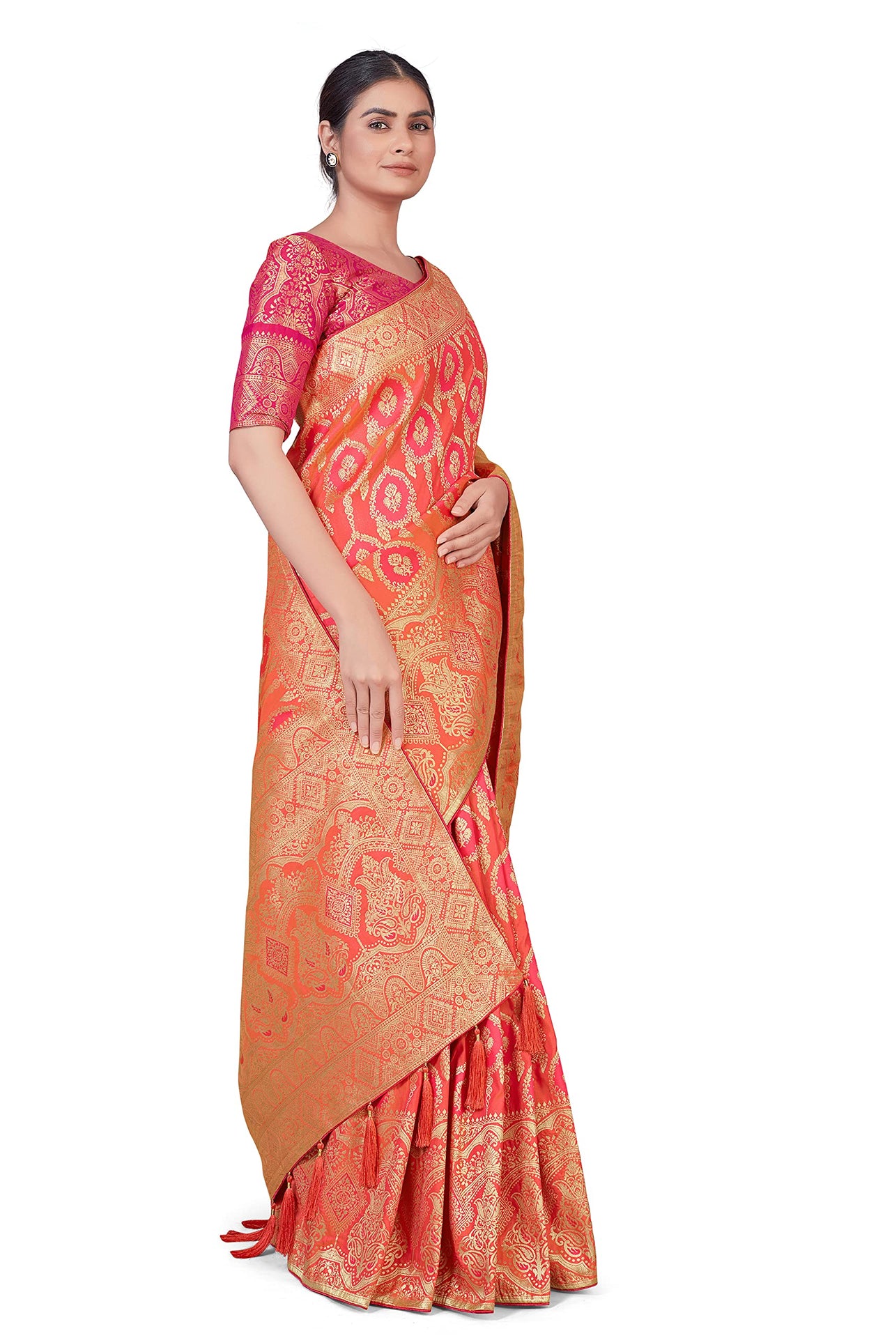 Monjolika Fashion Women's  Banarasi Silk Peach Color Golden Zari Woven Saree With Separate Embellished And Unsttiched Blouse Piece