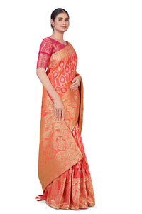 Monjolika Fashion Women's  Banarasi Silk Peach Color Golden Zari Woven Saree With Separate Embellished And Unsttiched Blouse Piece