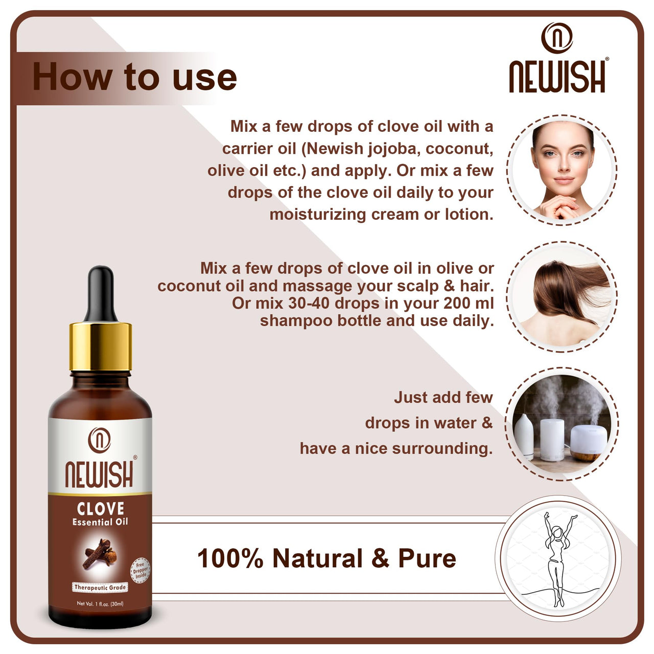 Newish Clove Oil 100% Pure & Natural, Undiluted, Best use Clove oil for Theeth Pain, Skin, Hair, Pimples, Acne, T Zone & Underarm - High Potency Premium Essential Clove Oil 30 ml
