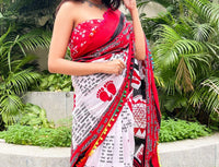 Shivanya Handicrafts Cotton Mulmul Saree for Women Attached Pom Pom Lace Red & Black 1