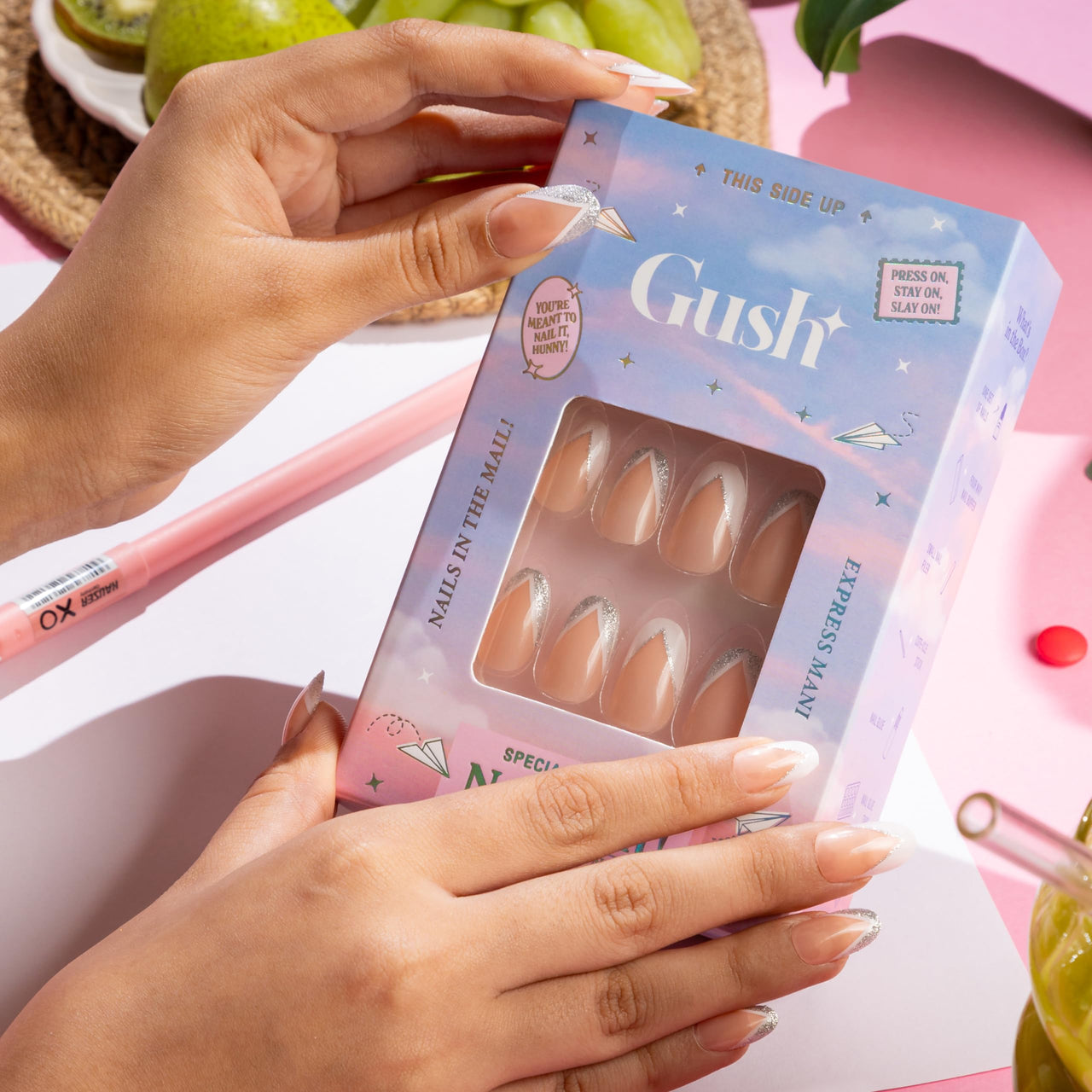 Gush Beauty Press On Nails | Reusable Nail Extensions | Artificial Fake Nails Set | For women (Shimmery French Tips - Medium Round)