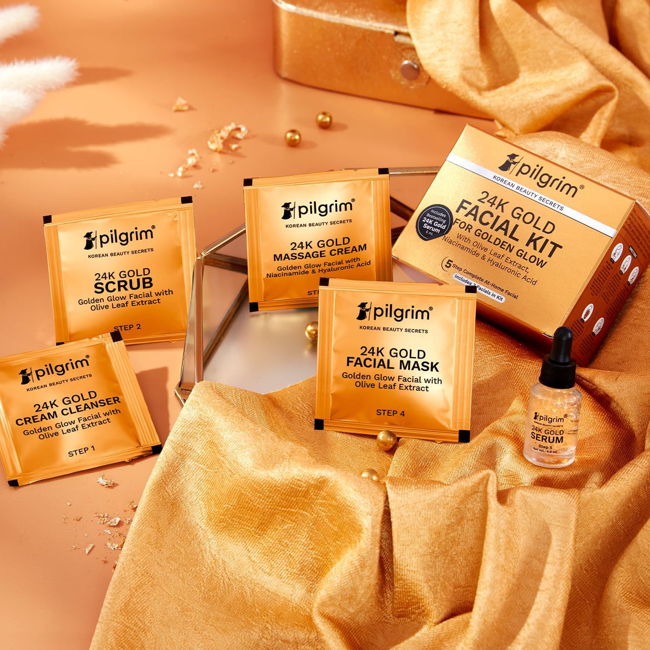 Pilgrim 24K Gold Facial Kit for Instant Radiance & Golden Glow: Includes Gold Cleanser, Scrub, Massage Cream, Facial Mask, Red Vine Mist & Toner (30ml)