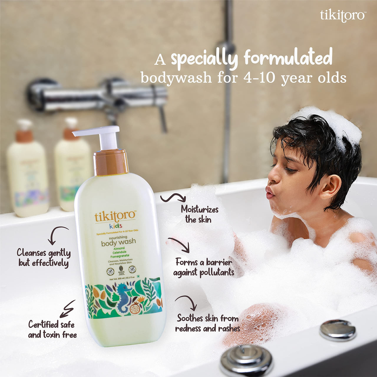 Tikitoro Kids Starter Pack 100% Vegan with Nourishing Body Wash, Soothing Body Lotion & Conditioning Shampoo, No Parabens & Sulphates (Age: 4+) (75 ml x 3)