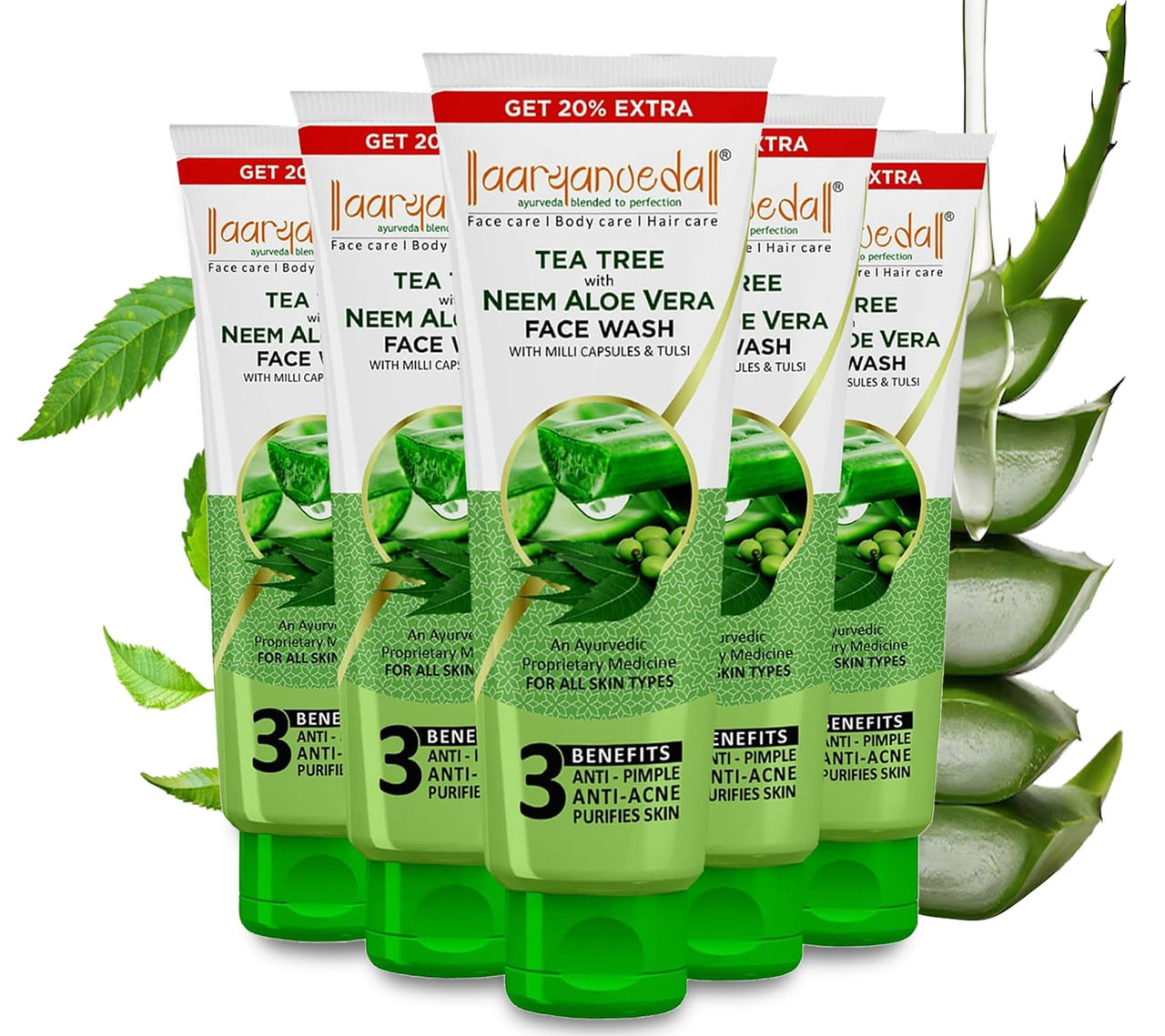 Aryanveda Tea Tree Face Wash with Neem & Aloe Vera Extracts, Anti-Pimple, Anti-Acne, & Purifies Skin 120 Gm (Pack of 5)