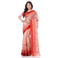 dB DESH BIDESH Women`s Traditional Bengal Phulkoli Woven Design Pure Handloom Cotton Saree Without Blouse Piece White Red