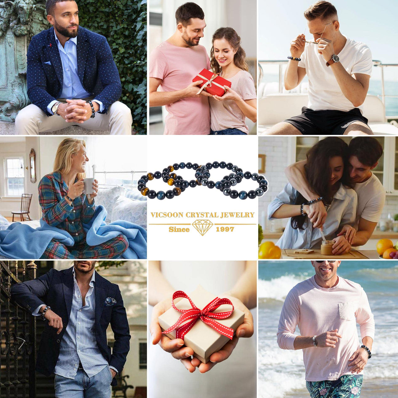 Vicsoon Triple Protection Bracelets for Men Women, 14mm Blue Yellow Tigers Eye Black Obsidian Healing Crystal Jewelry Stone, Handmade Bead Bracelets Bring Luck, Prosperity, and Happiness Blue Yellow Black