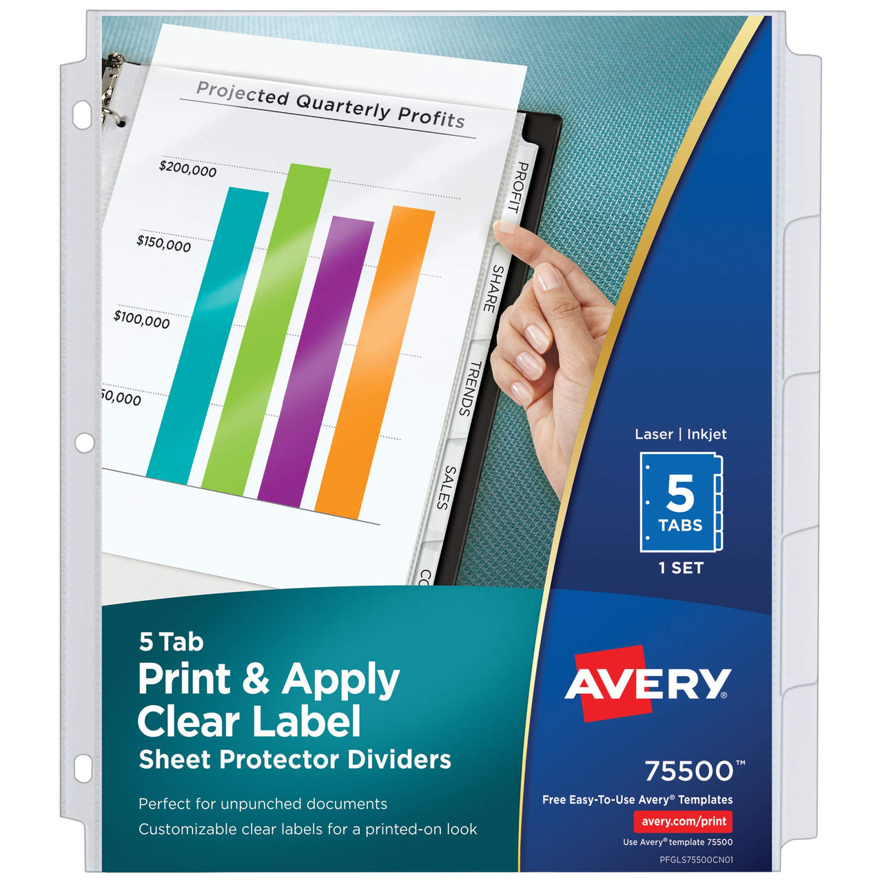 Avery 5-Tab Sheet Protector Dividers, Easy Print & Apply Clear Labels, Index Maker, White Tabs, 1 Set (75500)