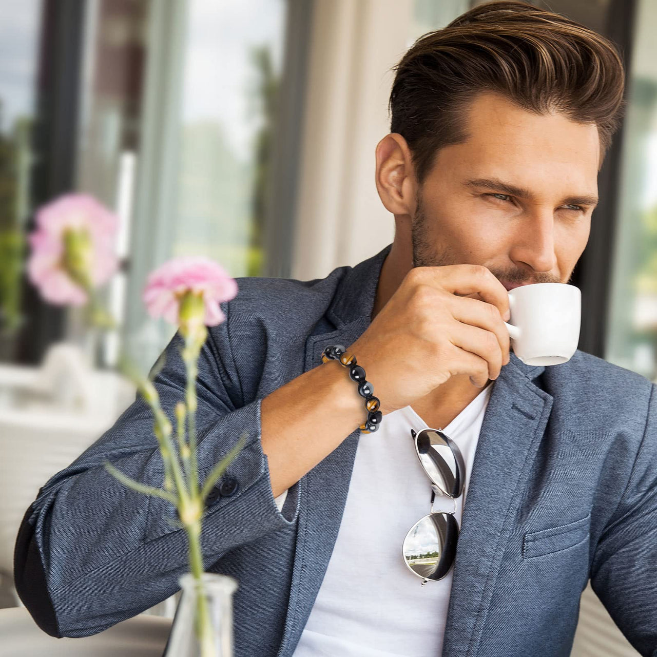 Tiger Eye Triple Protection Bracelet, Hematite Black Obsidian Tiger Eye Bracelet for Men Women Stone 10mm Bead Crystal Healing Bracelet, Anti-anxiety Bracelet B-Yellow Tiger Eye