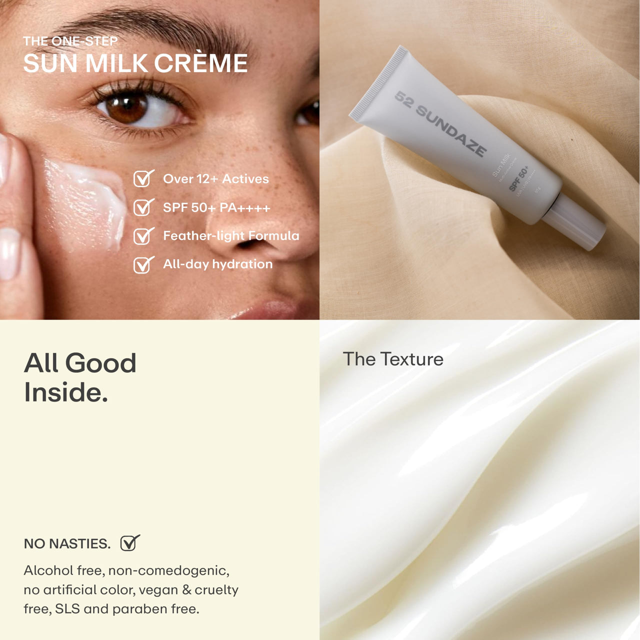 52 Sundaze Sun Milk SPF50 Multi Active Cream for Face | SPF 50+ PA++++ Sunscreen | Invisible Sun Screen | Broad Spectrum | For Oily & Dry Skin | No White Cast | Men & Women | 50 g