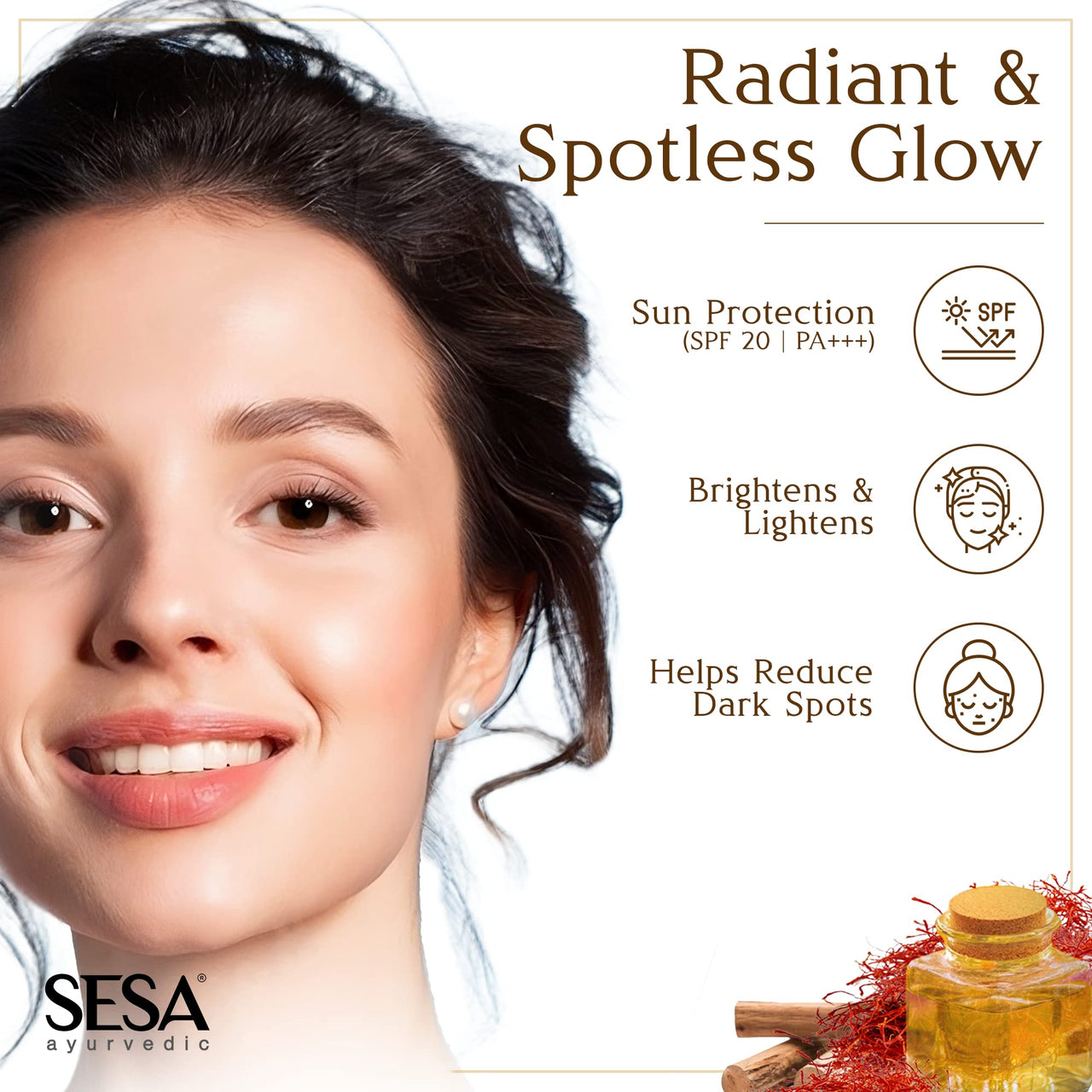 SESA Kumkumadi Kesar Day Cream 50g SPF 20 & PA++ Skin Brightening Ayurvedic Face Moisturizer Protection from Sun Damage Hydrating Face Cream For Women Daily Use Woman and Men, 50 gm