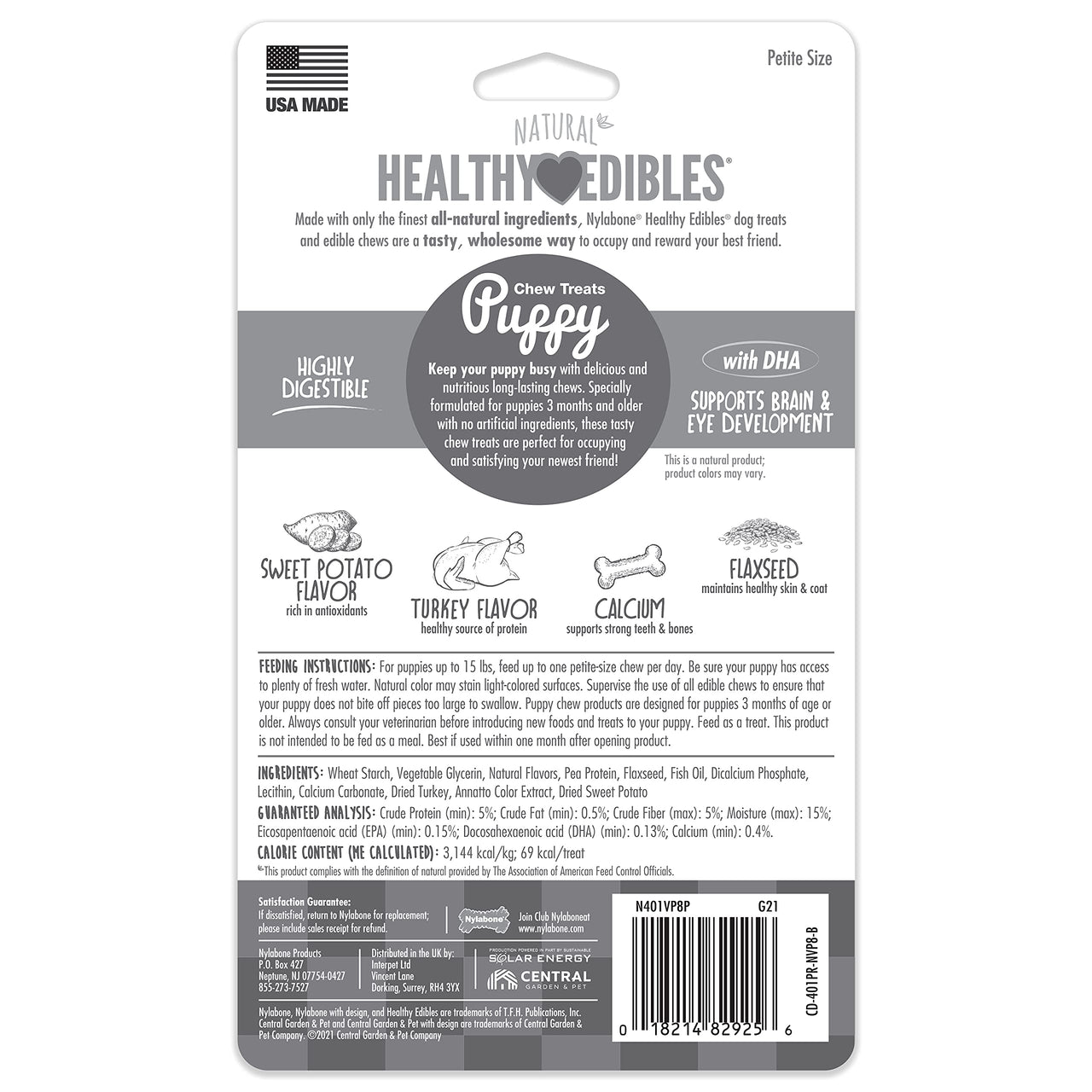 Nylabone Healthy Edibles Natural Puppy Treats - Long-Lasting Dog Treats - Puppy Supplies - Turkey & Sweet Potato Flavor, X-Small/Petite (8 Count) 1 Count (Pack of 8)
