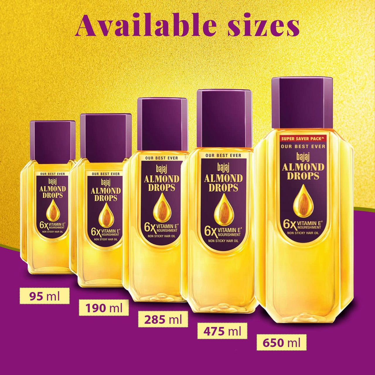 Bajaj Almond Drops Hair Oil, 475ml, Hair Oil, 6X Vitamin E, Almond Oil, Light and Non-Sticky, Hair Fall Control (Pack of 4)