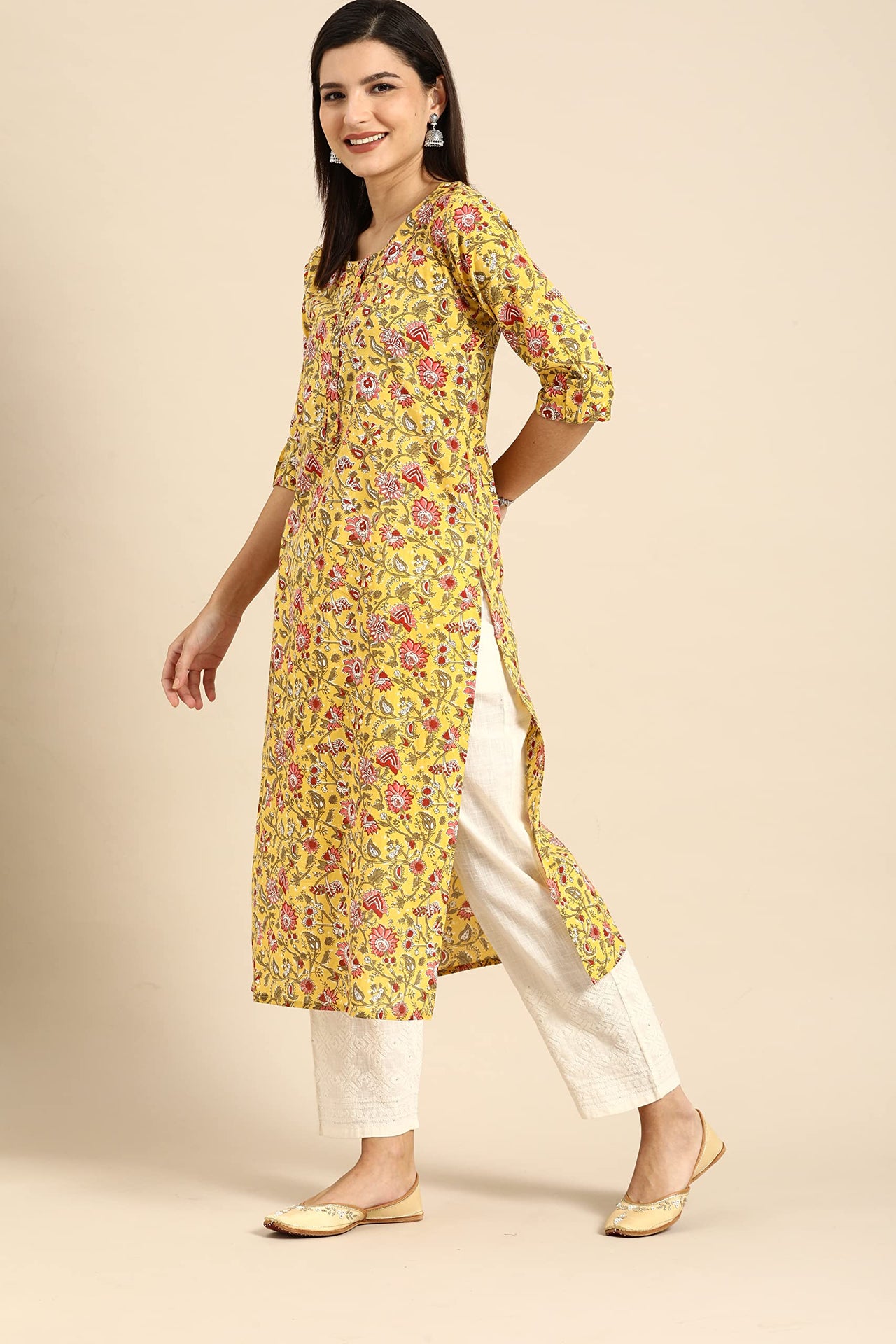 Monira Women's  Pure Cambric Cotton Kalamkari Floral Print Straight Kurti