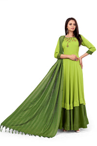 madhuram Women and Girls Rayon Hand Work and Anarkali Kurti Set with 3/4 Sleeve Jacquard Green Dupatta with Round Neck Kurta Set