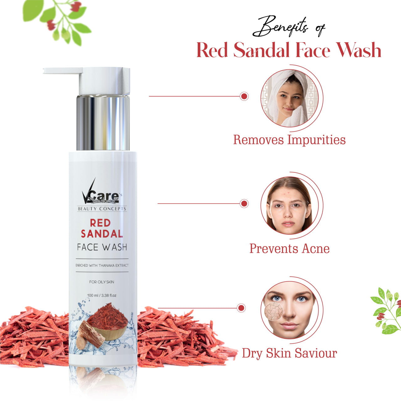 VCare Red Sandal Face Wash for Skin Whitening for Oily Skin | Reduce Acne and Pimples, Women and Men | Facial Cleanser | Skincare Face Cream, Remove Dark Circle 100 ml