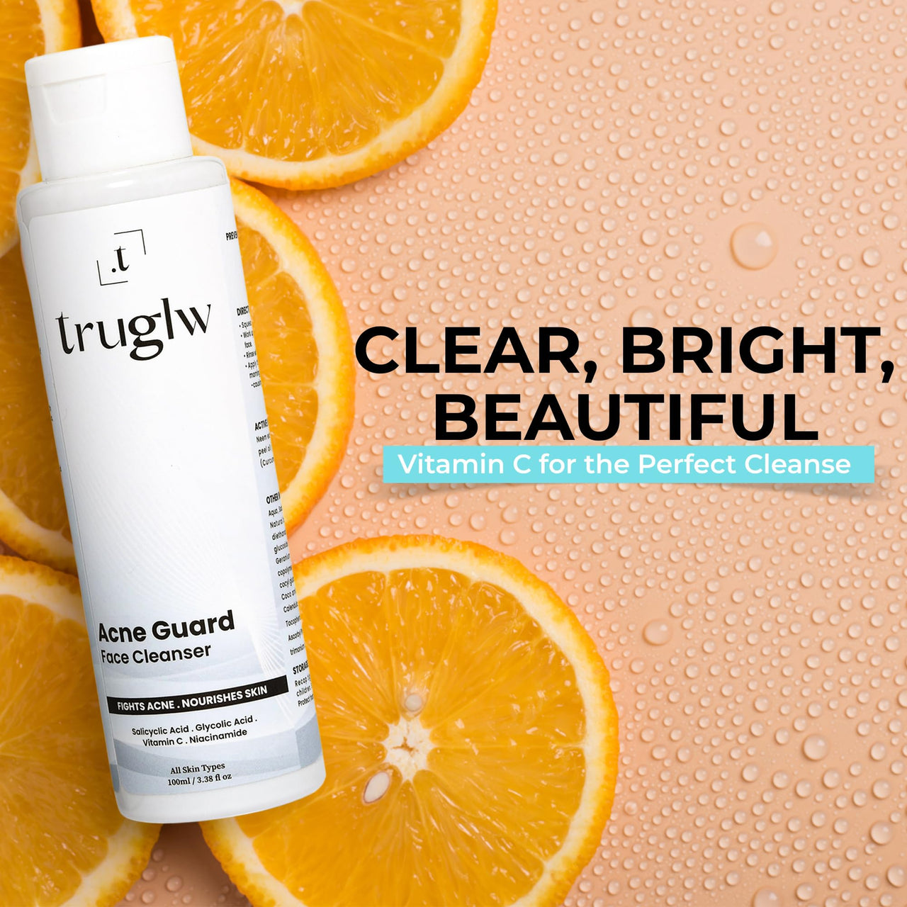 Truglw Acne Control Face Cleanser, Exfoliating Formula with 1% Salicylic Acid, Glycolic Acid, Vitamin C, Fights Breakouts, Soothes Inflammation, Brightens Skin, For Combination to Oily Skin Types - 100ml