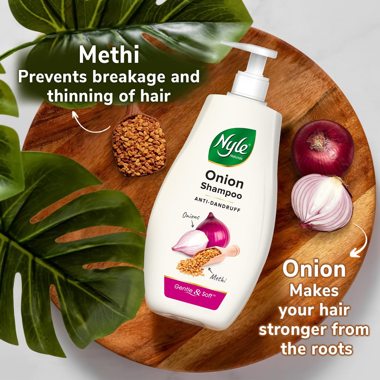 Nyle Naturals Onion Anti-Dandruff Shampoo, With Onion and Fenugreek, Gentle & Soft Shampoo, pH Balanced and Paraben Free, For Men and Women, 800ml