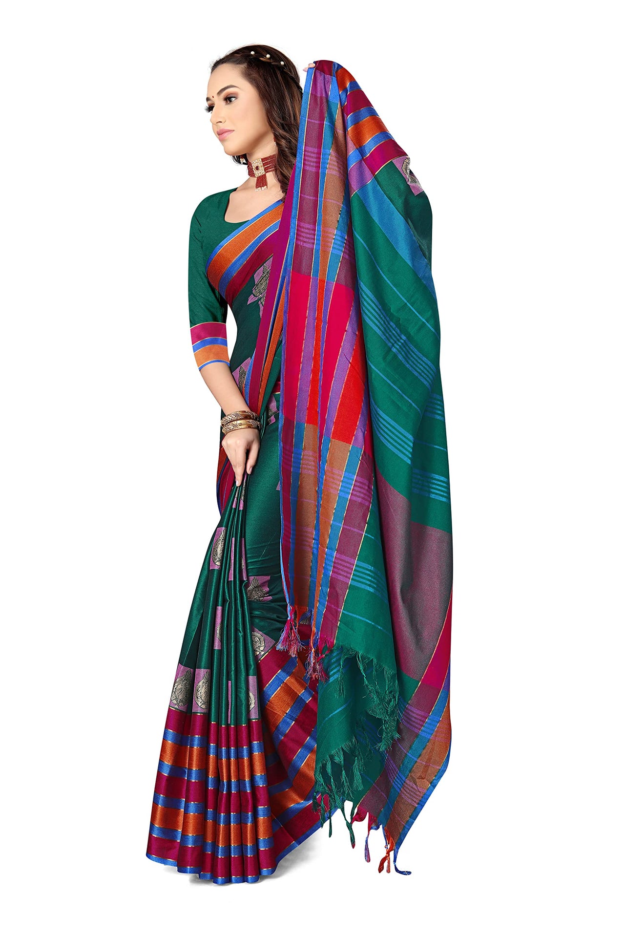 GRECIILOOKS Women's  Art Cotton Silk With Golden Border Printed Soft Silk Saree With Blouse Piece