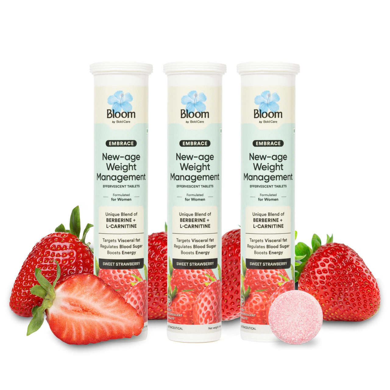 Bloom Berberine + L-Carnitine Effervescent Tablets | 60 Effervescent Tablets (Pack of 3) | Natural Formula for Weight Management | Turns Fat into Active Energy | Strawberry Flavour