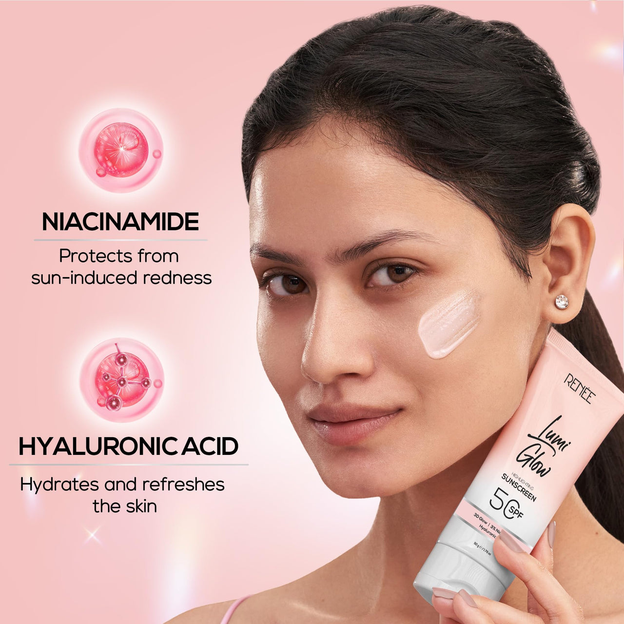 RENEE Lumi Glow Highlighting Sunscreen with SPF 50, Lightweight & Non-Sticky, No White Cast, Protect against UVA-UVB, Radiant Finish, Nourishes skin With Niacinamide and Hyaluronic acid