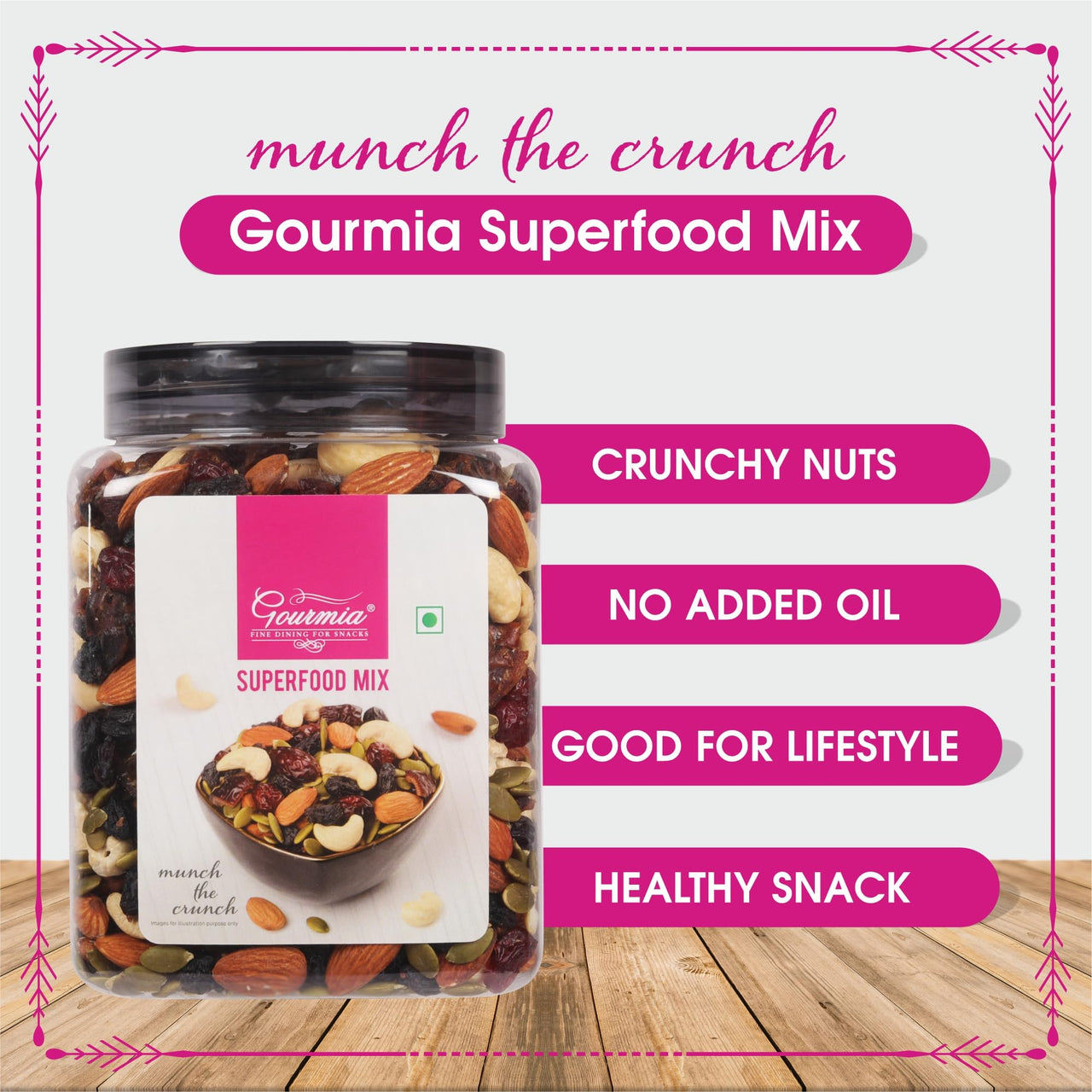 Gourmia Superfood Mix 1kg | Almond, Black Raisin, Cranberry, Pumpkin Seed, Cashew, Dates | Healthy Snack | Mixed Dry Fruit, Nuts & Seed