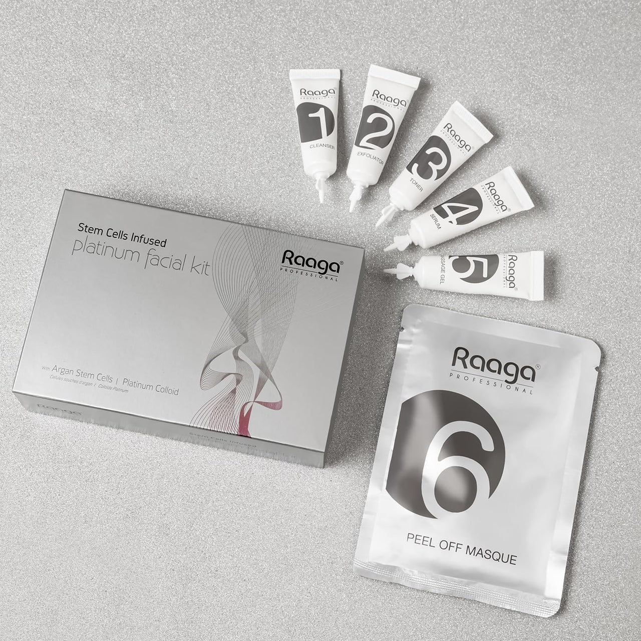 Raaga Professional Stem Cells Infused Platinum 6 Step Facial Kit | Platinum Colloid, Argan Stem Cells | Restores Skin's  Moisture | All Skin Types (61 gm)