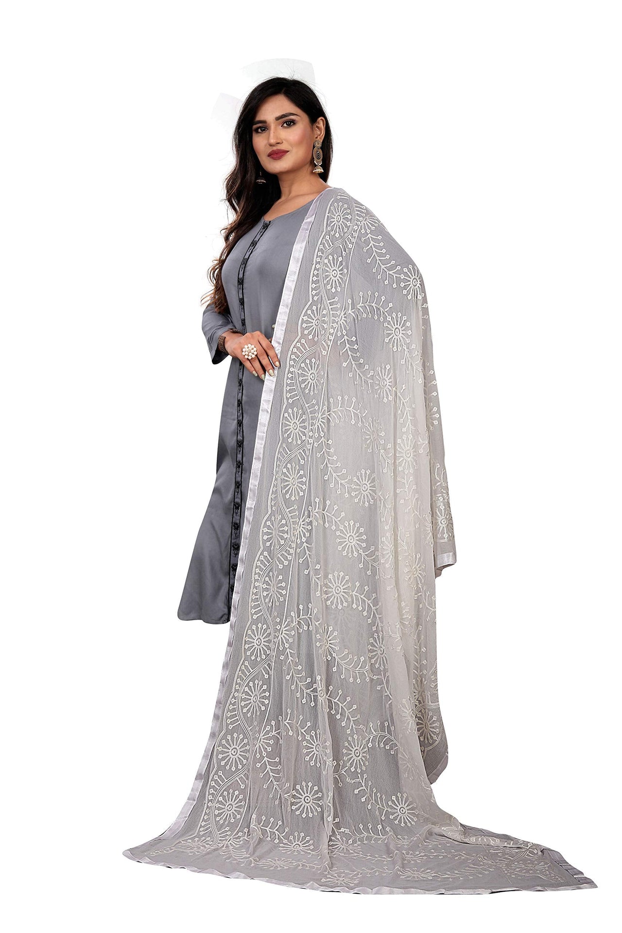 AKSHAR LLC Women's  Designer Pure Chiffon Dupatta with Pure Cotton Thread Embroidery Work
