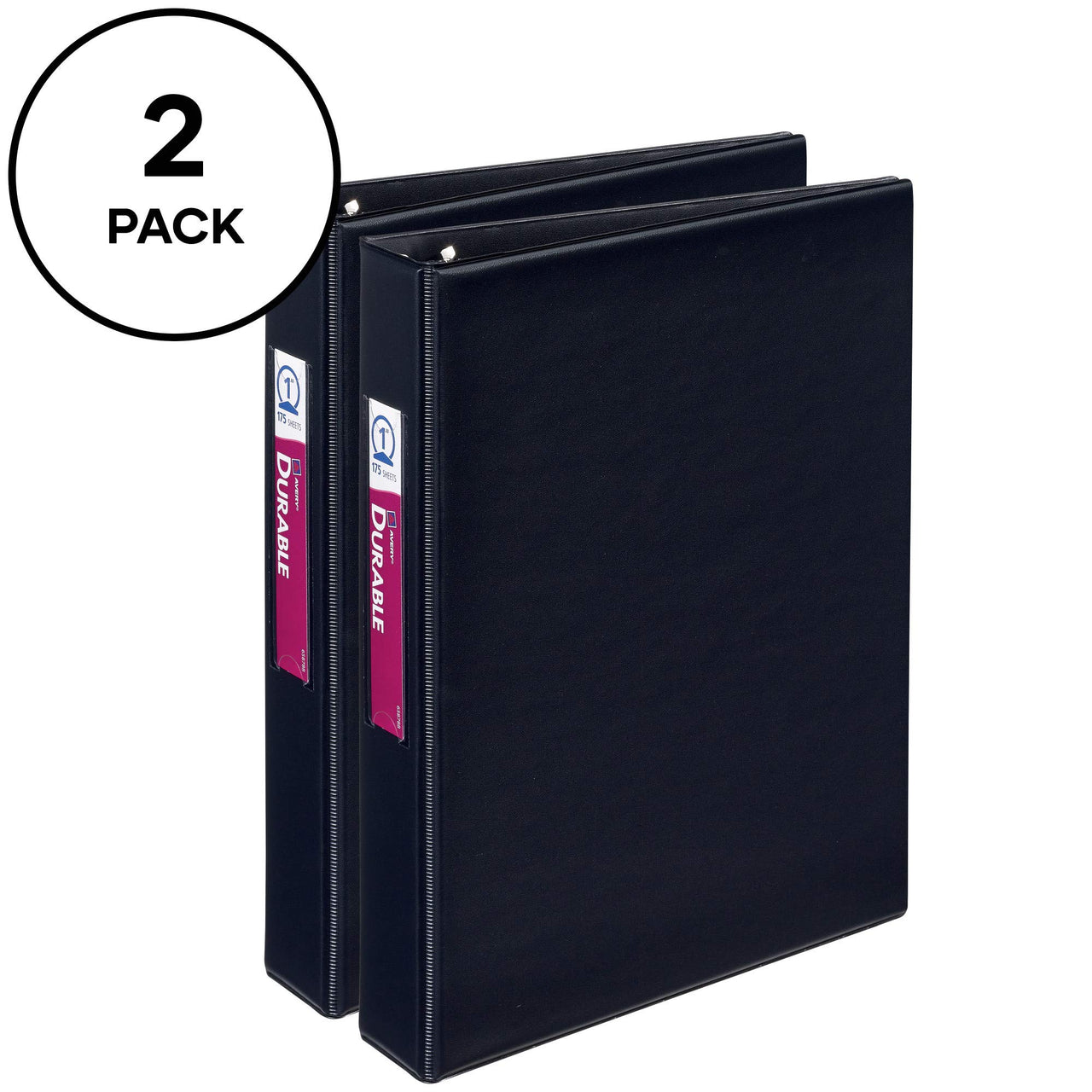 Avery Mini Durable 3 Ring Binders, 1" Round Rings, Holds 5-1/2" x 8-1/2" Paper, Spine ID Label Holder, 2 Black Binders (13456) 1" 2 Pack