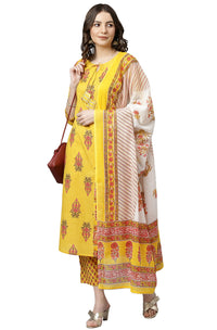 Janasya Women's  Yellow Cotton Kurta with Pant and Dupatta
