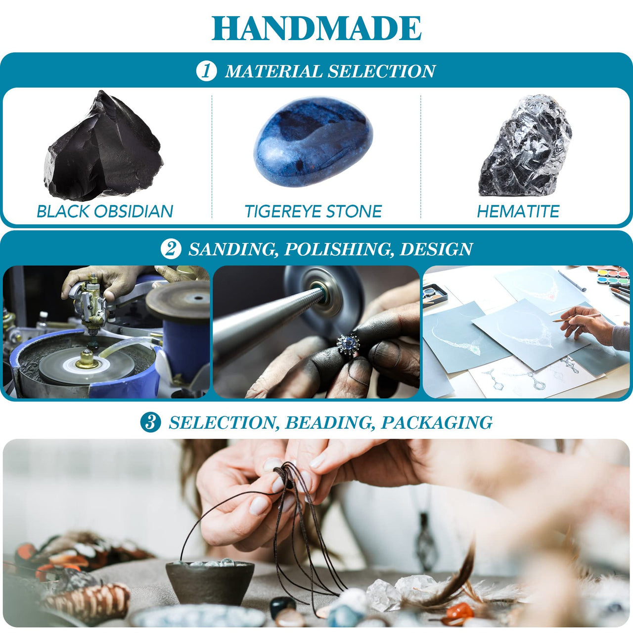 Triple Protection Bracelet - for Protect & Balance - Energy Crystal Bracelets for Men Women - Bring Good Luck & Prosperity - Tiger Eye Hematite & Black Obsidian Jewelry Natural Stone Healing Bracelet