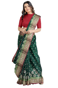 Shravanya Women's  Banarasi Silk Saree with Designer Embroidery and Stone Work with Jacquard Pallu, Border and Plain Unstitched Blouse Piece