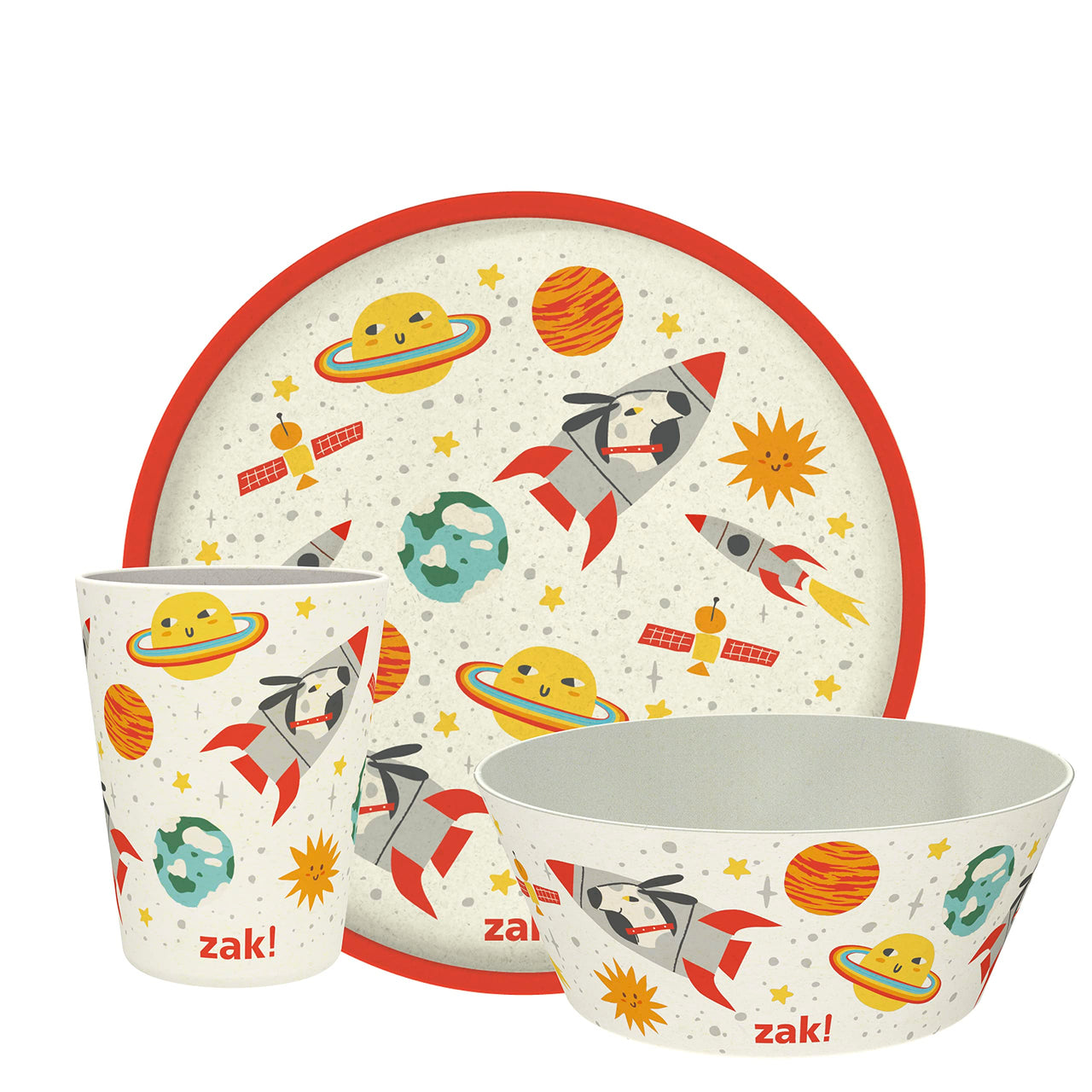 Zak Designs Kids Dinnerware Set 3 Pieces, Durable and Sustainable Melamine Bamboo Plate, Bowl, and Tumbler are Perfect For Dinner Time With Family (Spaceships)
