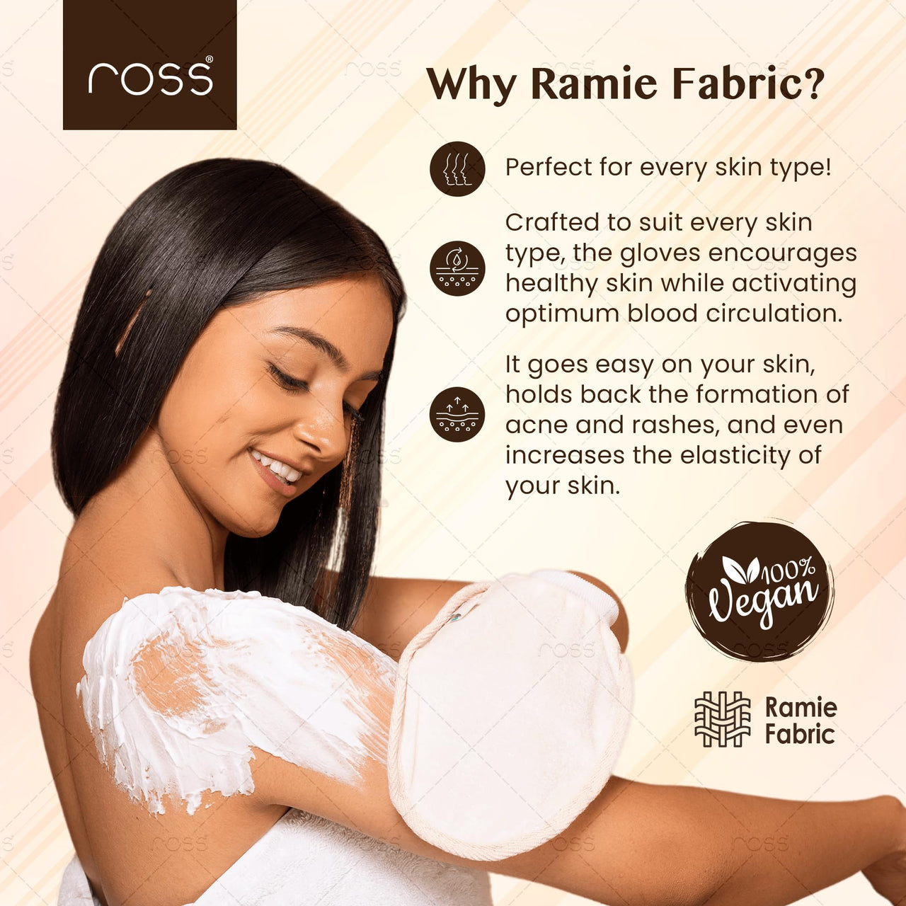 Ross Natural Ramie Bath Glove Scrubber – Gentle Exfoliating Glove for Deep Cleansing, High-Lather Foam, and Smooth, Refreshed Skin – Perfect for Removing Dead Skin & Impurities (Pack of 1)