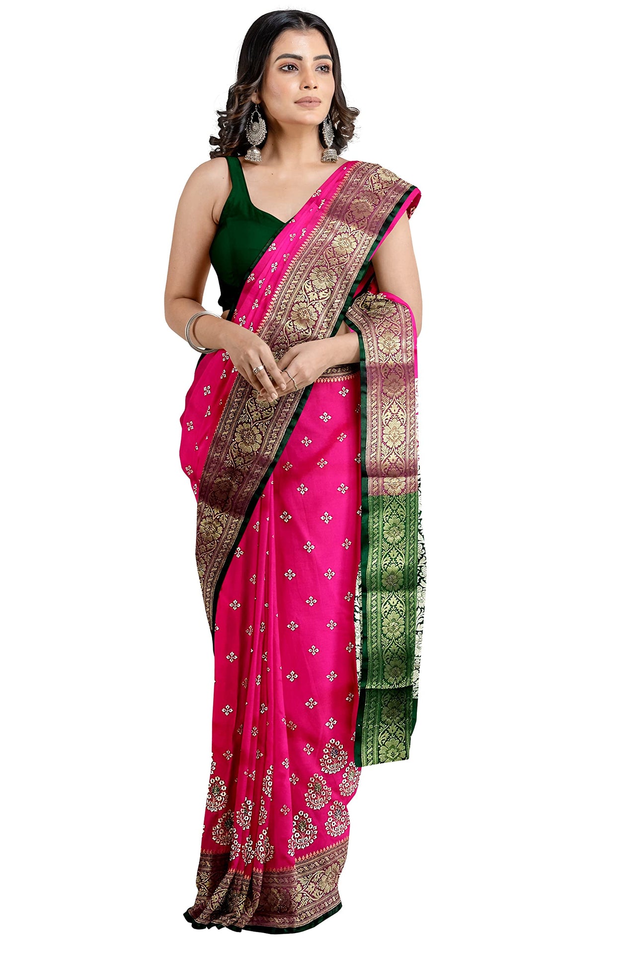 Shravanya Women's  Banarasi Silk Saree with Designer Embroidery and Stone Work with Jacquard Pallu, Border and Plain Unstitched Blouse Piece