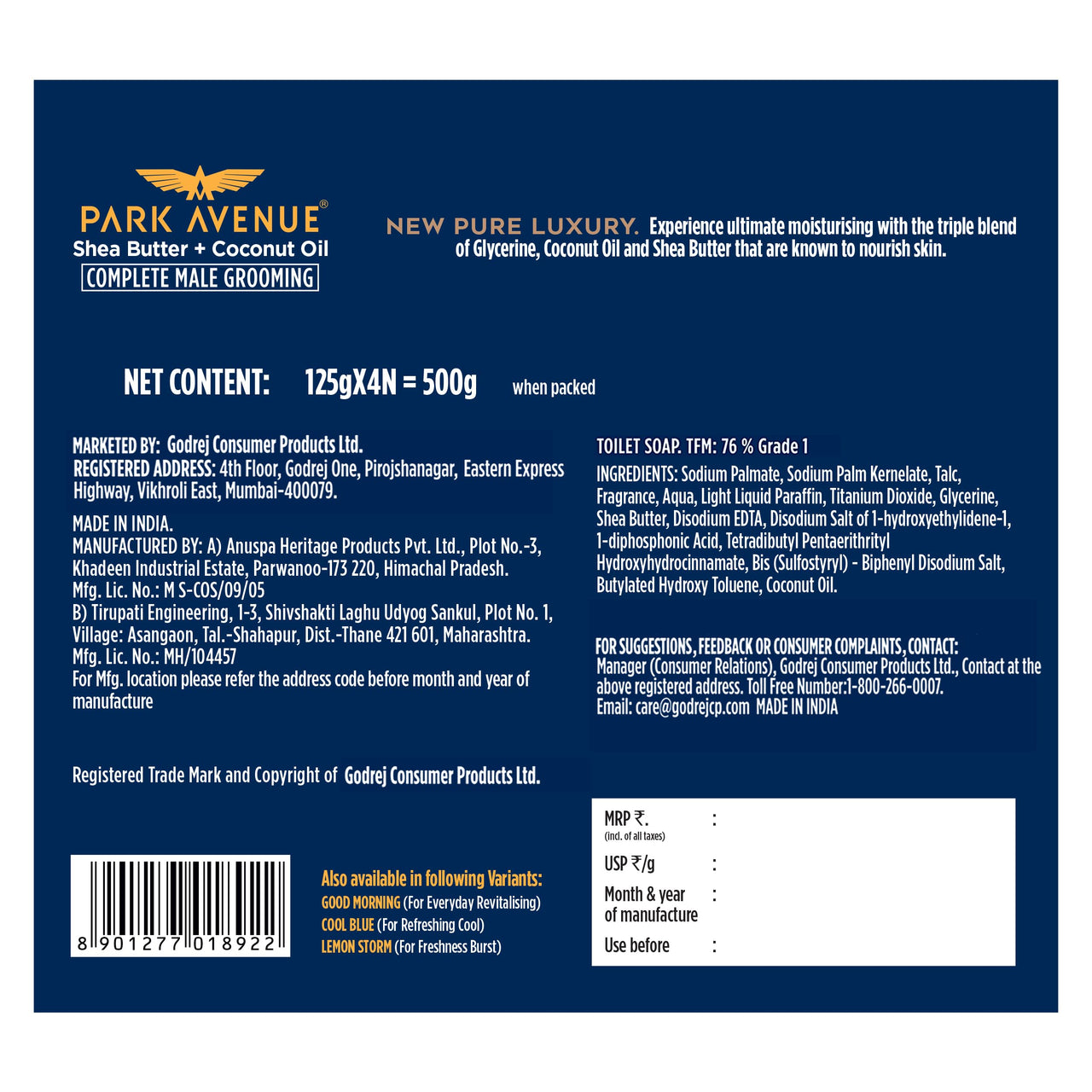 Park Avenue Premium Men’s Soaps for Bath – Pure Luxury | 125g (Pack of 4) | Enriched with Shea Butter & Coconut Oil | Grade 1 Soap | For All Skin Types