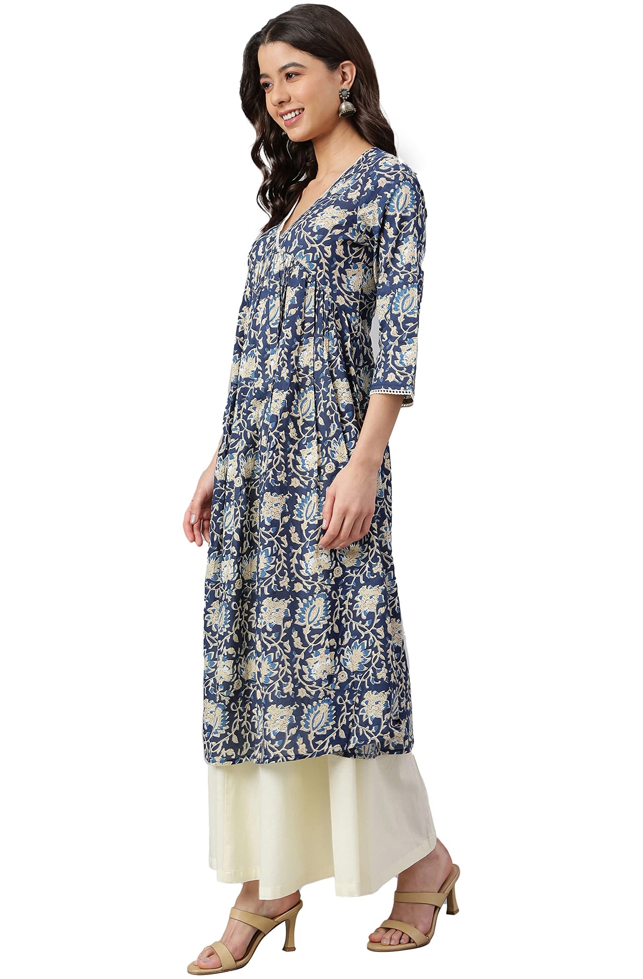 Janasya Women's  Navy Blue Cotton Floral Print Flared Kurta