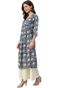 Janasya Women's  Navy Blue Cotton Floral Print Flared Kurta