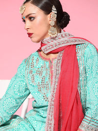 ishin Women's  Pure Cotton Green Embroidered A-Line Kurta Suit Set with Dupatta & Sharara