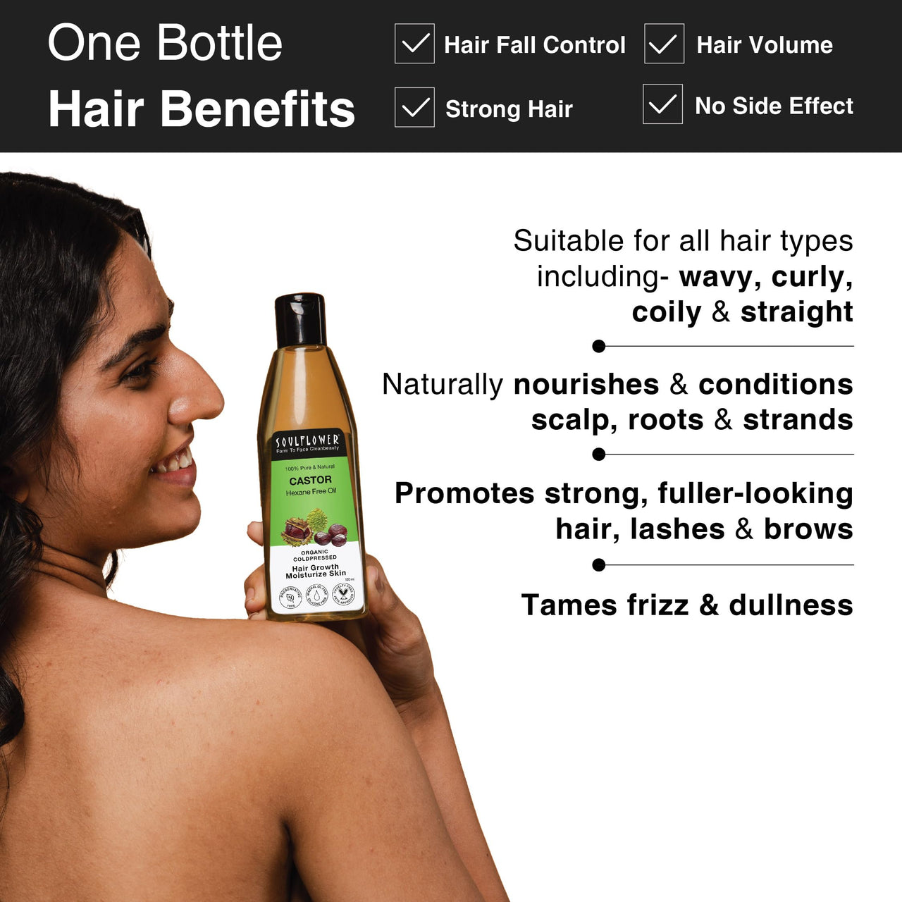 Soulflower Castor Oil for Hair & Skin, Clinically Proven Hair Oil for Hair Growth, Anti Hair Fall, Skin Hydration & Split End Repair | 100% Pure, Ecocert Organic Certified, Natural, 120ml