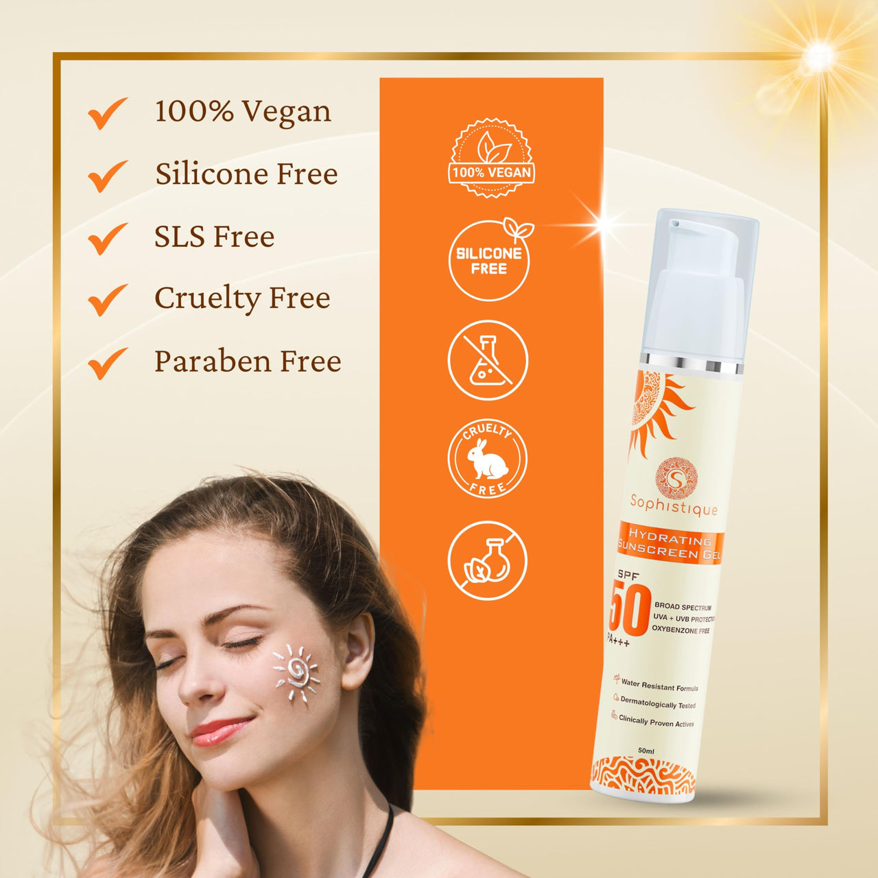 SOPHISTIQUE Hydrating Sunscreen Gel SPF 50 PA+++ for Oily Skin, UVA+UVB Protection, Oxybenzone Free, Water Resistant, Dermatologically Tested, Sunscreen SPF50 for Dry & Combination Skin, 50 m, Pack of 1