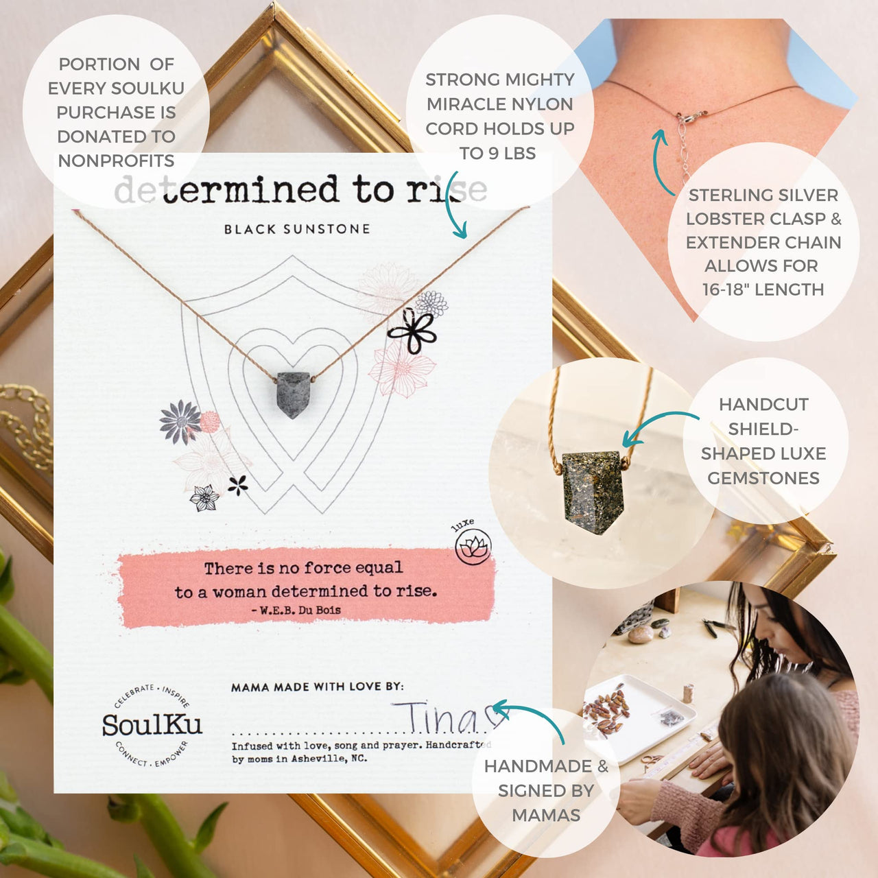 SoulKu Empowering Necklace, Empowering Jewelry With Healing Crystal, Inspirational Necklace For Strong Women, Mom & Sister, 16" Cord with 2" Sterling Silver Extender (Black Sunstone) Black Sunstone