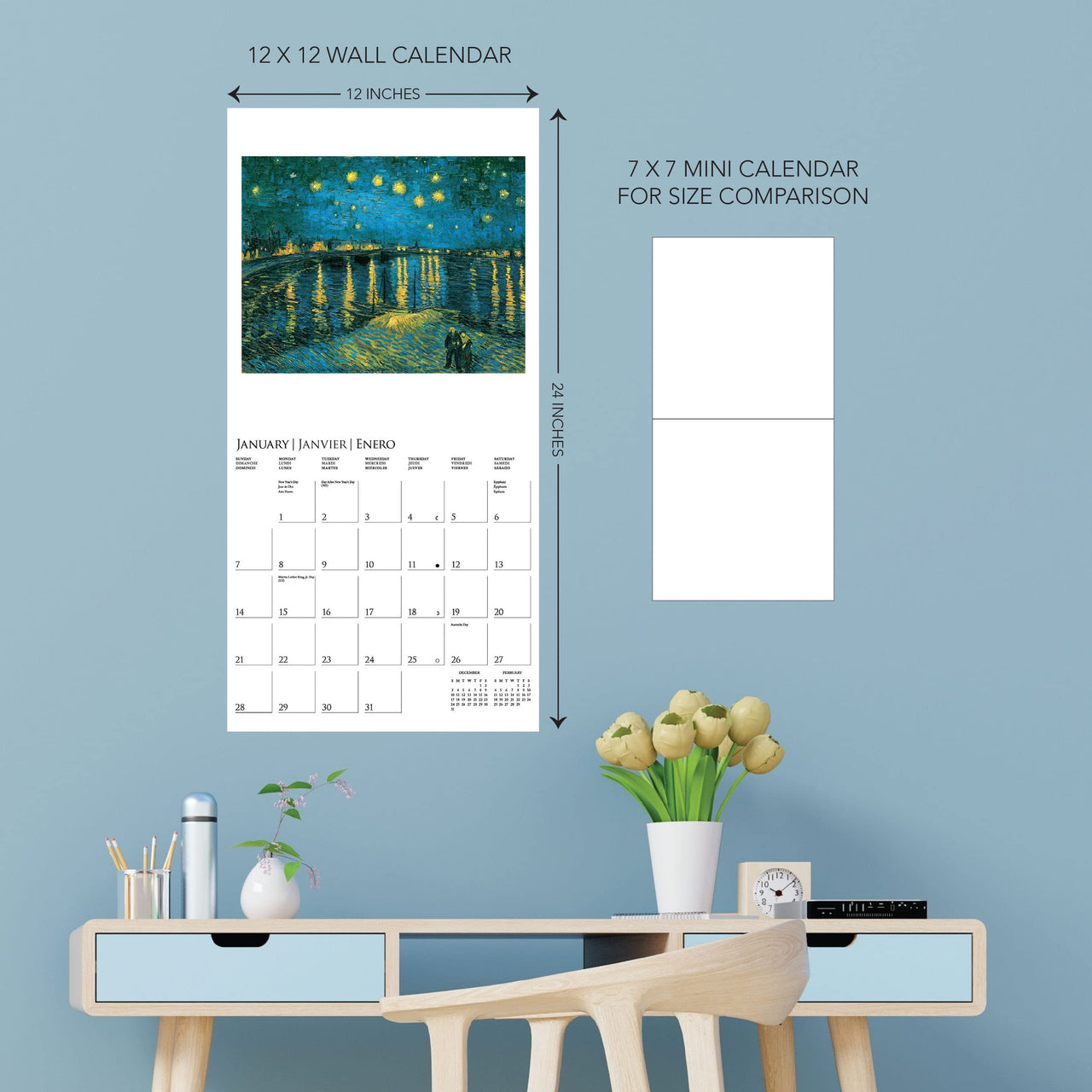 Graphique 2024 Van Gogh Wall Calendar | 12” x 12” | Thick Paper | Home & Office Organizer | Large Monthly Grid | 3 Languages & Marked Holidays | 4 Month Preview Page for 2025